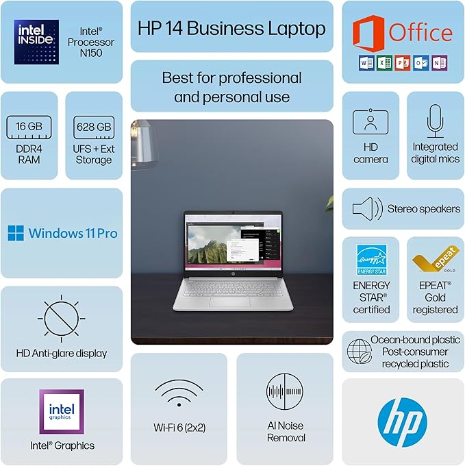 HP 14" Laptop 2025 Business Student Slim Computer, Lifetime MS Office, Copilot AI, Quad-Core Intel CPU, 16GB RAM, 628GB Storage (128GB UFS+500GB Ext), MarxsolAccessory, Wi-Fi 6, Win 11 Pro, Silver