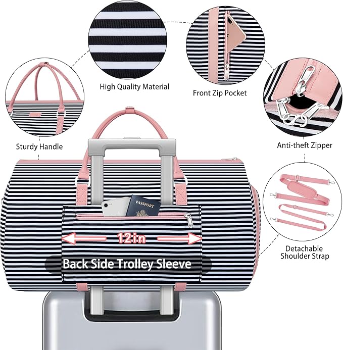 4pcs Convertible Garment Duffel Bag for Travel - 50L 2-in-1 Carry On Weekender Overnight Bag with Toiletry Bag, Fits Suits & Dresses, Trolley Sleeve, Hanging Suit Compartment, Waterproof Shoe Pocket