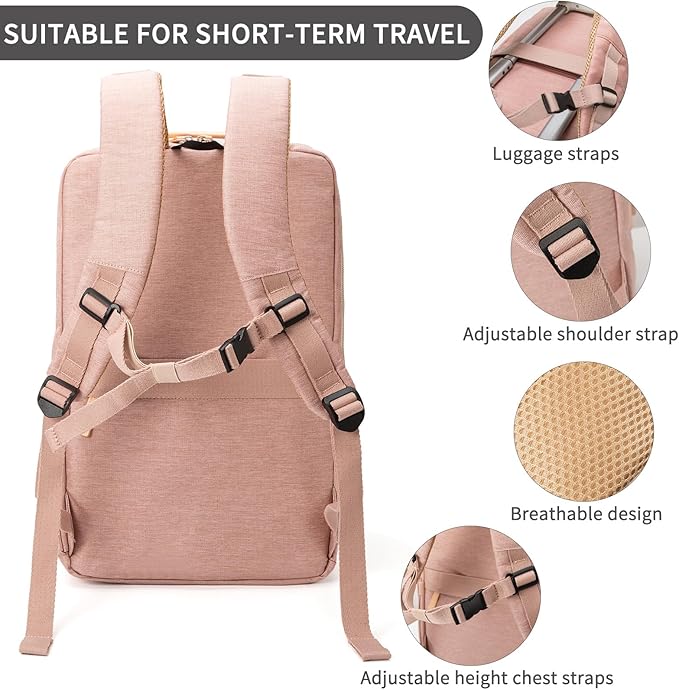 NOBLEMAN Laptop Backpack Women, Travel Work Business Carry on Computer Backpacks with Multi Compartment, Water Resistent 15.6 Inch Laptop Backpack with USB Port for Nurse (Pink Plus