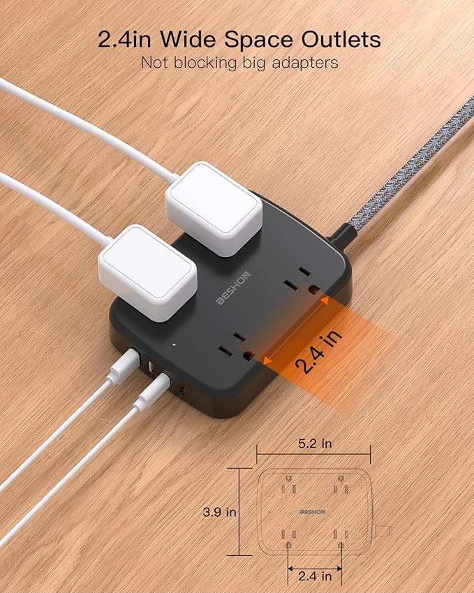 Surge Protector Power Strip with 2 USB C - BESHON 5 Ft Flat Extension Cord Flat Plug Power Strip, 4 Widely Outlets and 4 USB Charging Ports, 900 Joules, for Home Office Dorm Room Essentials, Black