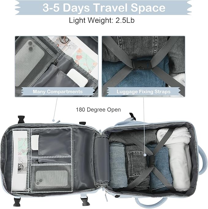 Hanples Large Travel Backpack for Women, 35L Carry on Luggage Backpack,17 Inch Laptop Backpack with USB Charging Port, Waterproof Casual Bag Gift for Men with 2 Toiletry Bags (Light Blue)