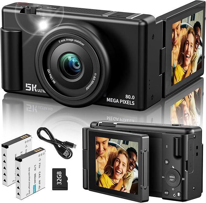 True 5K Digital Camera for Photography, Autofocus 80MP with 18X Digital Zoom 3" 270°Flip Screen Dual-Lens Selfie Camera for YouTube Vlogging & Content Creation, 2 Batteries, 32GB Card & Flash，Black