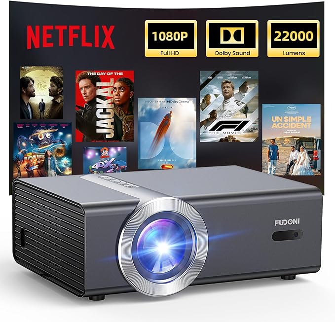 Netflix Licensed 4K Smart Projector, FUDONI Native 1080P Projector with WiFi 6 and Bluetooth, Built-in Apps, Auto Keystone & ELectric Focus, Compatible with Phone/Laptop/TV Stick, Indoor/Outdoor Use