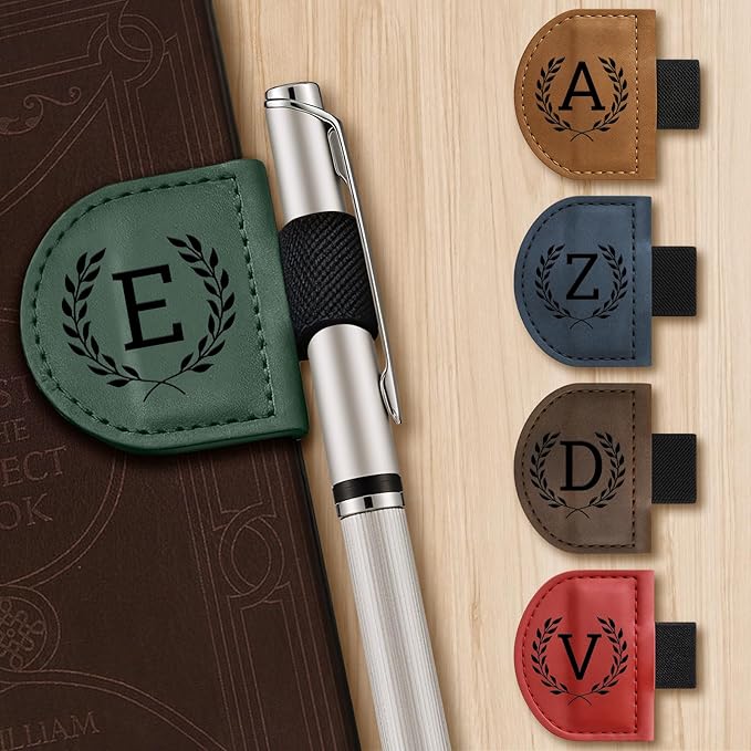 Personalized Bygone Mark Bookmark with Pen Holder,Engraving Leather Magnetic Bookmarks Vintage 26 Letters Name Initials Text Book Marker Clips Gifts for Reading Book Lovers Women (Brown, E)