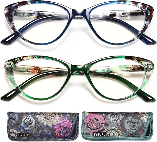 EYEURL Cat Eye Reading Glasses for Women, 2 Pack Blue Light Blocking Readers for Ladies Spring Hinge Fashion Pattern +2.25 Magnification Anti Eyestrain UV Protection