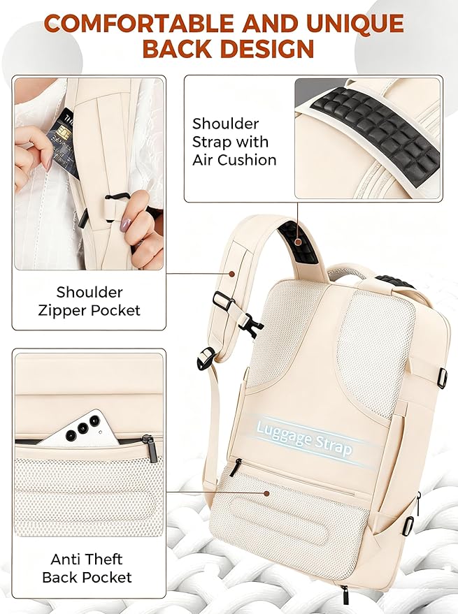 Vancropak Travel Backpack for Women, Airline Approved Carry On Backpack with 3 Packing Cubes, Expandable Large 40L Travel Bag fits 17" Laptop, Anti Theft Luggage Suitcase Weekend Daypack, White Brown