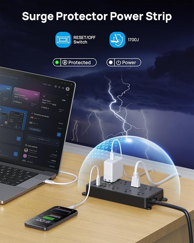 TROND Power Strip Surge Protector, 7 Widely-Spaced Outlets, 2 USB-A & 2 USB-C, ETL Listed, Flat Plug 5ft Extension Cord, Wall Mountable, 1700J, 14AWG Heavy Duty, for Home Office Garage, Black