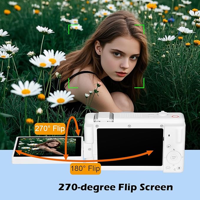 5K 4K Digital Camera with Flip Screen Flash, 80MP 18X Zoom Autofocus Compact Point and Shoot Digital Cameras for Teens, Beginners, Photography, Vlogging, Travel with 2 Batteries (White)