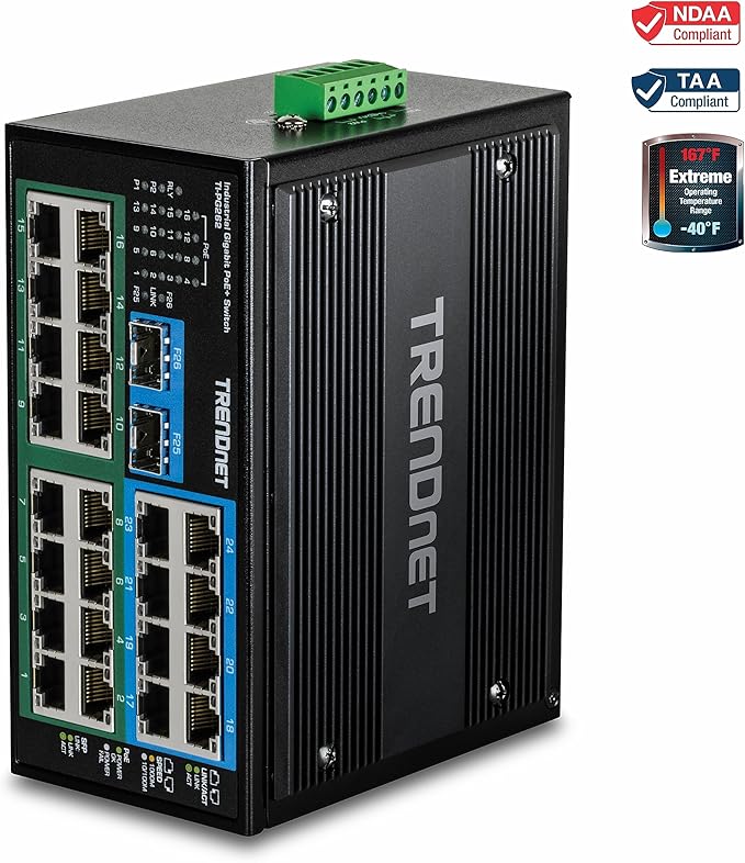 TRENDnet 26-Port Hardened Industrial Unmanaged Gigabit DIN-Rail Switch, TI-PG262, 16 x Gigabit PoE+ Ports, 8 x Gigabit RJ-45 Ports, 2 x SFP Ports, IP30, Lifetime Protection, Black