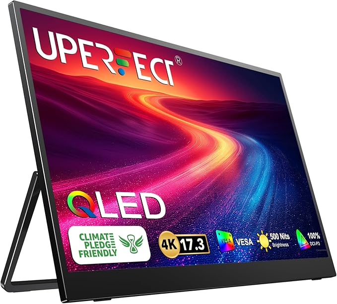 UPERFECT 17.3'' 4K Portable Monitor QLED, 500 Nits 100% DCI-P3 UHD FreeSync HDR 2 Speakers Eye Care Travel Monitor, 2 Fully Functional Type-C Port & HDMI for Laptop PC Phone, VESA & Kickstand