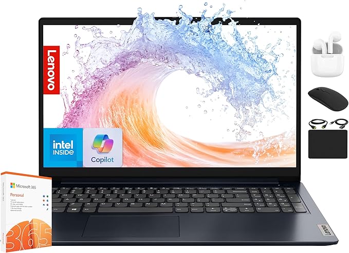 Lenovo IdeaPad Laptop for Business Student 2025, 15.6" Display, 12GB RAM +1.1GB Storage (500GB SSD +128GB eMMC +500GB Ext), Dual Intel Core Processor, WiFi 6, HubxcelAccessory, Office 365 1 Yr, Win 11