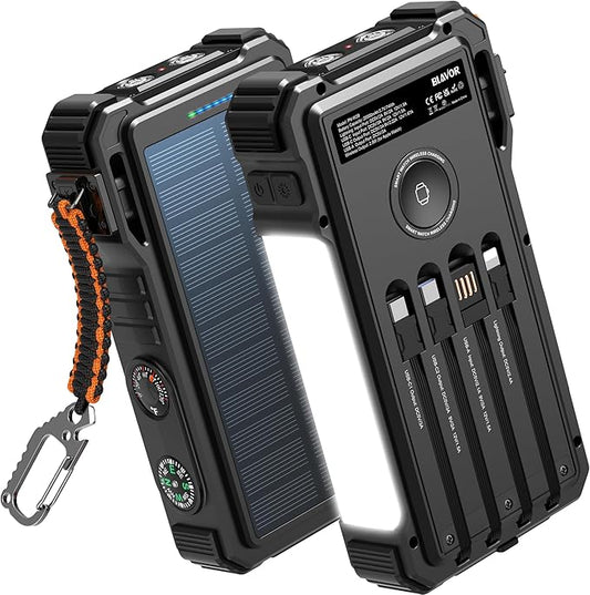 BLAVOR Solar Power Bank 20000mAh/74000mWh Built-in Cables, Wireless Charger for Apple Watch, 20W Fast Charging Battery Pack with USB C, Flashlight, Solar Charger for iPhone, iPad, iWatch, Samsung