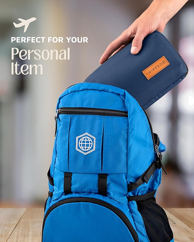 TRIPPED Travel Gear Tech Bag Organizer - Small Electronics Organizer Pouch for Travel - Premium Travel Case with Leather Accents - Mesh Pocket for Cables, Cords and Chargers (Navy)