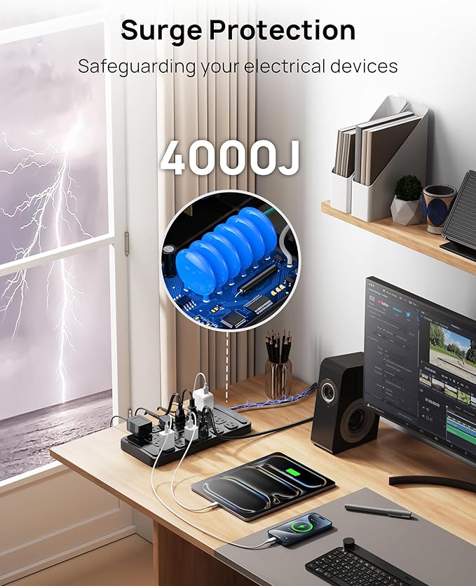 TROND Surge Protector Power Strip 360° Rotating Flat Plug, 24 AC Outlets, 4000 Joules, 15ft Heavy Duty Extension Cord 1875W, ETL Listed, Ideal for Gaming Office Home Dorm Room Essentials Black