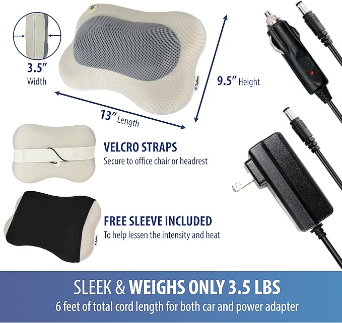 Zyllion Shiatsu Back and Neck Massager with Heat - 3D Electric Kneading Deep Tissue Massage Pillow for Muscle Pain Relief, Cream, ZMA-13