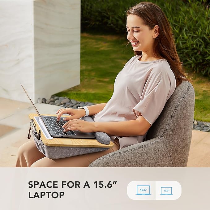 HUANUO Lap Laptop Desk - Portable Lap Desk with Pillow Cushion, Fits up to 15.6 inch Laptop, with Anti-Slip Strip & Storage Function for Home Office Students Use as Computer Stand - Light Wood