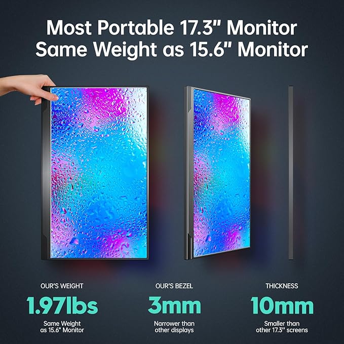 cocopar Portable Monitor - Upgraded 17.3 Inch 1080P FHD IPS HDR 100% sRGB FreeSync USB-C Gaming Monitor with Type-C Mini HDMI for Xbox PS4 Laptop PC Mac Surface, VESA mountable