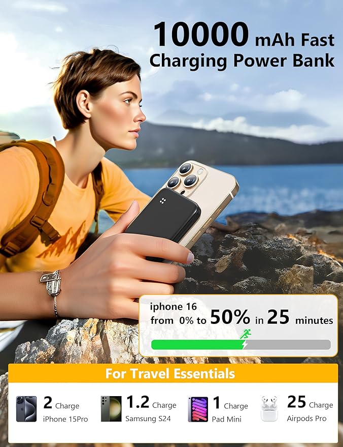 Alongza Portable Charger Built-in Cables and AC Wall Plug, Slim Fast Charging Power Bank 10000mAh, Lightweight USB C External Battery Pack Compact Travel Cell Phone Charger