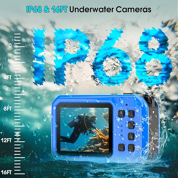 4K Underwater Camera, 64MP 16FT Waterproof Digital Camera with 32GB Card, Autofocus Floatable Waterproof Camera with IPS HD Screen, 16X Digital Zoom, Fill Light, for Snorkeling, Surfing, Swimming