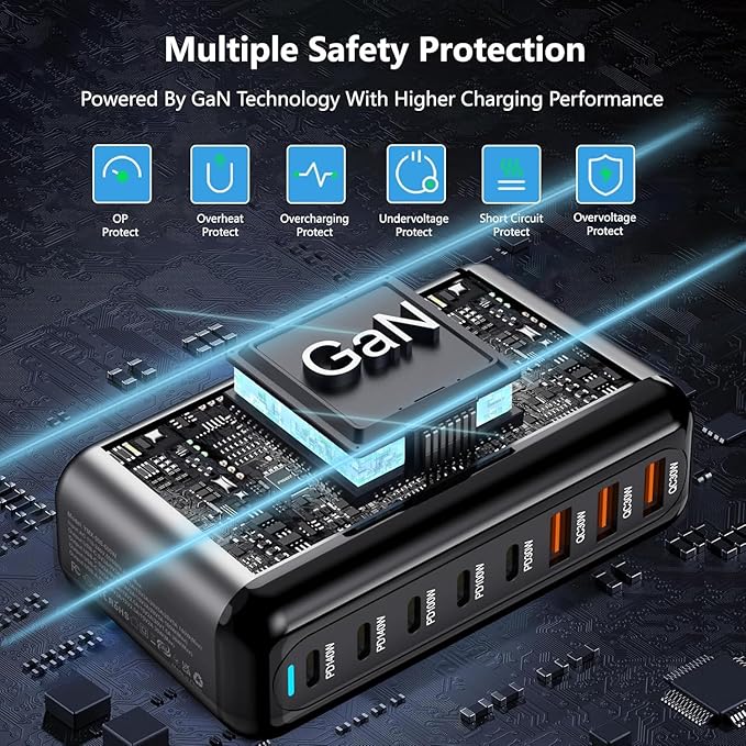 600W USB C Charger 100W USB C Charger Block, GaN III 8-Port Fast Charging Station Hub,PD 3.1 140W Laptop Charger Adapter Compatible with MacBook Pro/Air,DELL,Steam Deck,iPhone 16/15/14,Galaxy S25