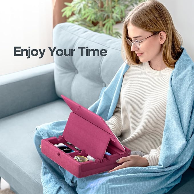 KDD Book Stand with Storage, Multi-Angle Viewing Reading Tablet Holder for Lap, Bed, Desk and Couch, Foldable I-pad Pillow Holder with Organizer Tray for Book,Tablet, Cell Phone, (4.7"-15") Purple