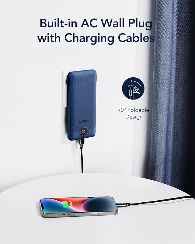 VEGER Portable Charger with Built-in AC Plug and Cables, All in One 10000mAh Ultra-Slim Power Bank, 15W Fast Charging for iPhone, Samsung, Android, Travel Essential (Navy)