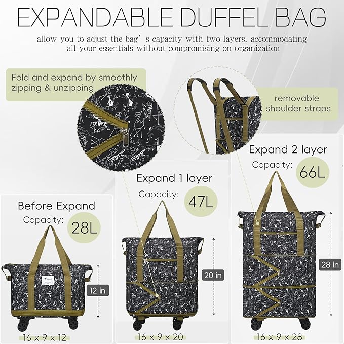 VOOWO Duffel Bag with Wheels - Rolling Foldable Expandable Duffle Bag with Wheels for Travel, Rolling Luggage Carry On Bag with Wheels, Large Rolling Backpack Weekend Bags for Men Women (Animal)