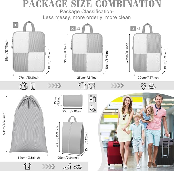 8 Set Compression Packing Cubes for Travel, Expandable Waterproof Travel Organizer, Lightweight Luggage Organizer with Shoes & Laundry Bags, Travel Accessories for Men Women, Grey