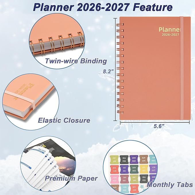 Day Planner 2026-2027, 2026 Weekly and Monthly Planner, Jan 2026-Jun 2027, 18 Month Calendar Planner with Tabs Sticker, A5 Size, Pink