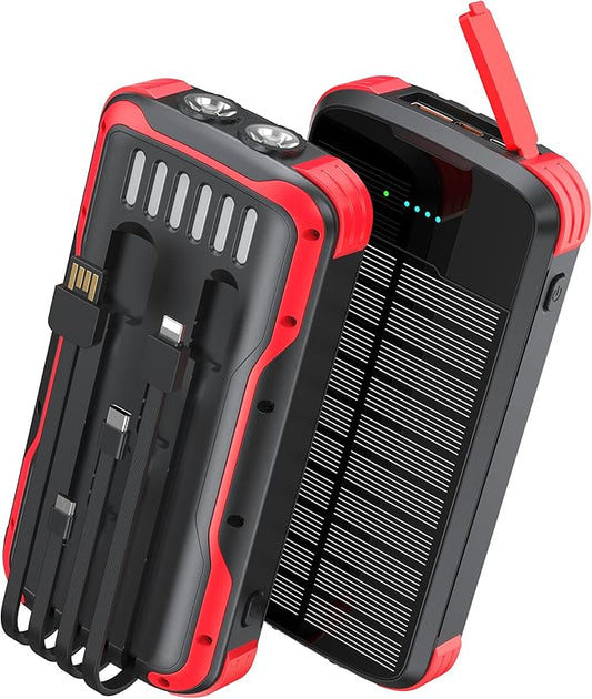 Solar Charger Power Bank, PD 20W Fast Charging External Batter, 40000mAh Portable Phone Charger Built in 4 Cables with Dual Bright Flashlights for Camping, Hiking, and Outdoor Use（RED）