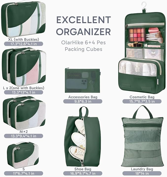 ALL INCLUDED 10 Set Durable Packing Cubes for Suitcases,OlarHike Essentials for Travel,UPGRADED Anti-Tear Stitching, NEW Improved Luggage Packing Organizers for Travel Accessories (Dark Green)