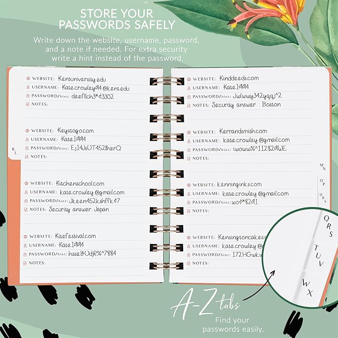 PLANBERRY Password Book Premium – Small Internet Address Organizer with A-Z Tabs – Pocket Website Password Keeper with Alphabetical Tabs – 4.7x5.7″, Hardcover (African Green)