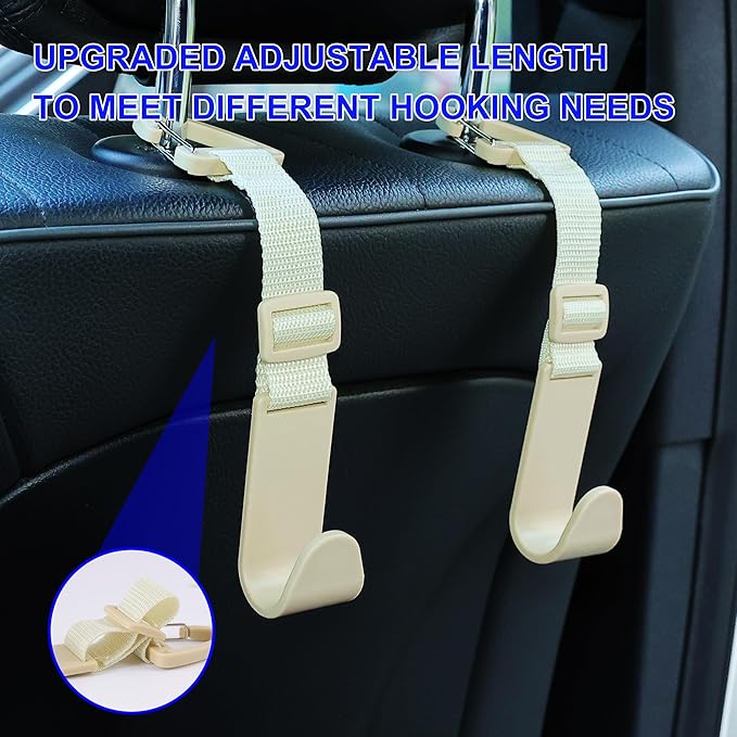 Amooca Headrest Hooks for Car Adjustable 4 Pack Vehicle Seat Back Organizer Storage Hanger Holder for Purse Bags Universal Fit with Clip Beige