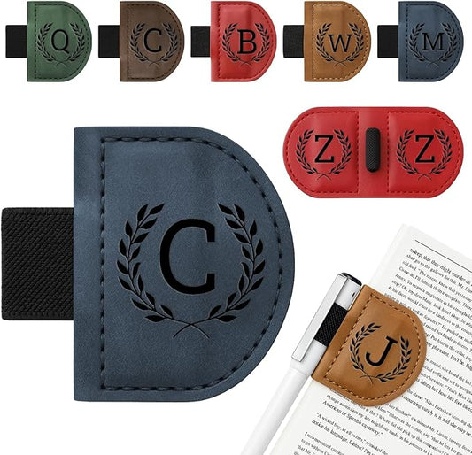 Personalized Bygone Mark Bookmark with Pen Holder,Engraving Leather Magnetic Bookmarks Vintage 26 Letters Name Initials Text Book Marker Clips Gifts for Reading Book Lovers Women (Blue, C)