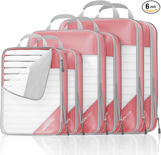 Compression Packing Cubes 6 Set, Compressible Space-Saving Packing Cubes for Travel - Compression Bags, Luggage Organizer, Travel Essentials for Women, Pink