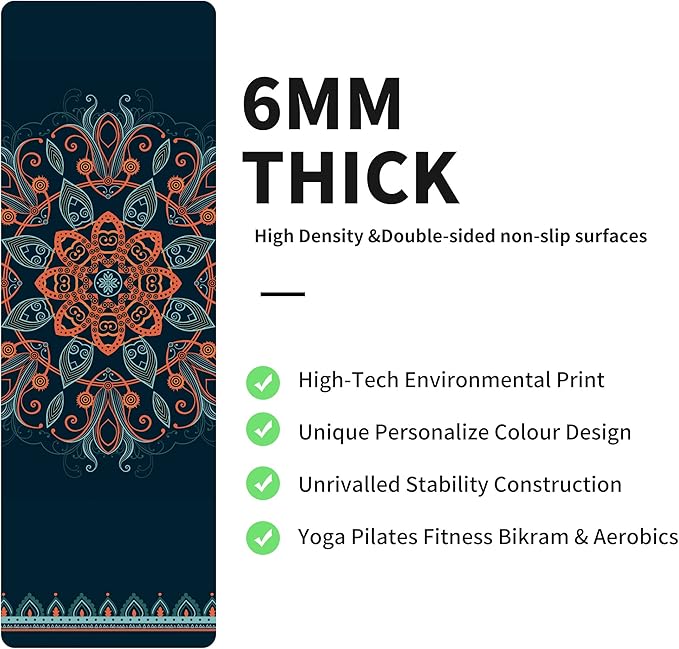 nuveti Yoga Mat Print Extra Thick TPE Non Slip Fitness Exercise Mat with Carrying Bag,72"x24" Extra Thick 6MM Exercise & Workout Mat for Yoga, Pilates Fitness and Floor Exercises