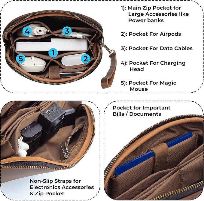 Leather Tech Pouch for Cables Chargers Phone | Tech Bag | Zipper Travel Accessory Pouch | Electronic Organizer Case Travel Bag (Large Vintage Dark Brown)