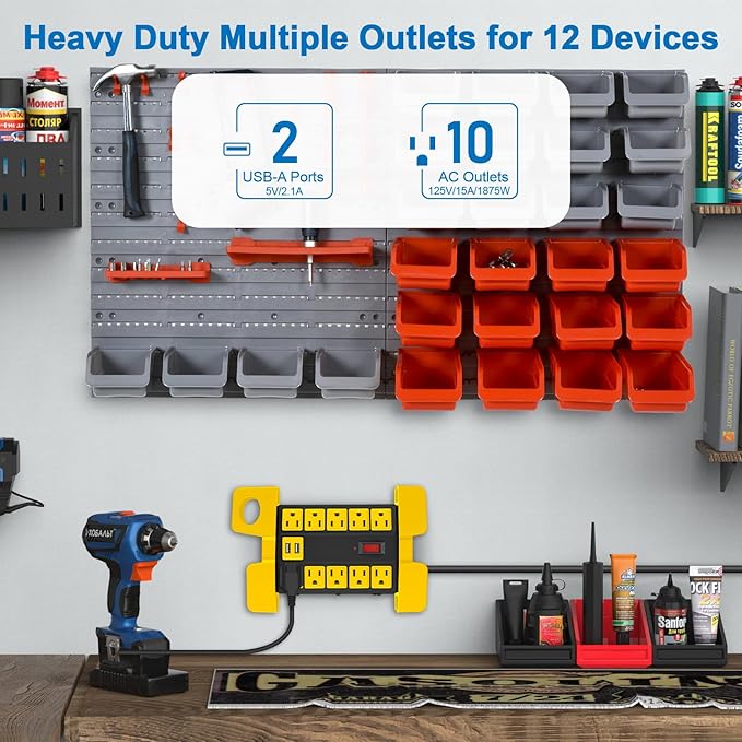 CCCEI Heavy Duty Power Strip with USB Ports, Garage 10 Outlets Surge Protector 2700 Joules, Industrial Workshop Metal 15Amp Multiple Outlets, 25 FT Extension Cord and Wide Spaced Black