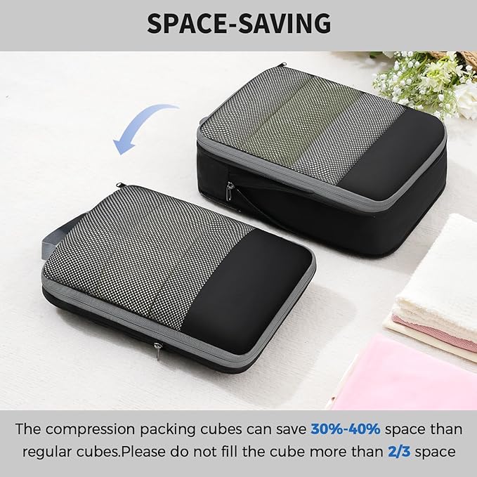 BAGAIL 4 Set/6 Set/8 Set Compression Packing Cubes Travel Accessories Expandable Packing Organizers (Half Mesh, 6-Black)