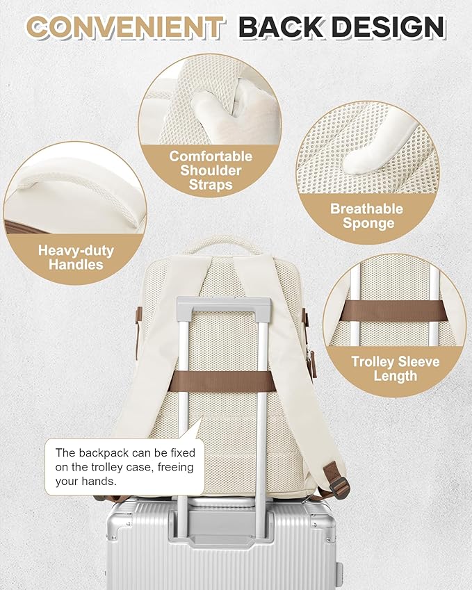 VECAVE Carry On Backpack for Women,Large Travel Backpack Flight Approved,Waterproof 14 Inch Laptop Backpack Business Work Backpacks Men Mochila De Viaje WhiteBrown