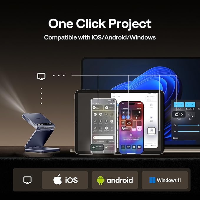 Aurzen ZIP Tri-Fold DLP Ultra-Portable Mini Projector with Bluetooth 5.4, Screen Mirroring, 1.5H Playtime, Type-C Fast Charging, Zero-Lag Focus&Keystone, Compatible with Phone/Tablet/PC, Blue