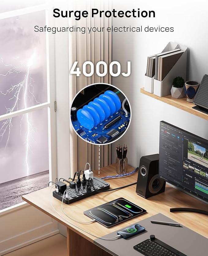 TROND Surge Protector Power Strip, 360° Rotating Flat Plug, 24 AC Outlets, 6 USB Ports Total 37W, 4000 Joules, ETL Listed, 6ft Heavy Duty Extension Cord 1875W for Gaming Dorm Room Essentials Black