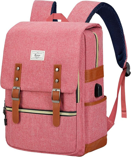 Ronyes Vintage Laptop Backpack for Women Men,15.6 inch Bookbag Casual Daypack with USB Charging Port for College Work, Pink Backpacks