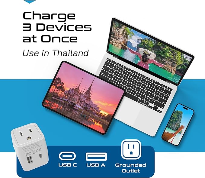 Ceptics Thailand Travel Plug Adapter – Type O Power Adapter with USB-C & A + USA Input – Ultra Compact,3-in-1 Safe Grounded Adapter Plug for Thailand