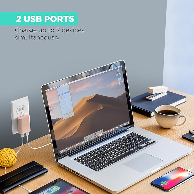 iHome 2-Port USB Wall Charger, AC Pro Multiport Plug Adapter, Phone Charging Block with Dual Ports, Flat Wall Adapter for Home & Travel