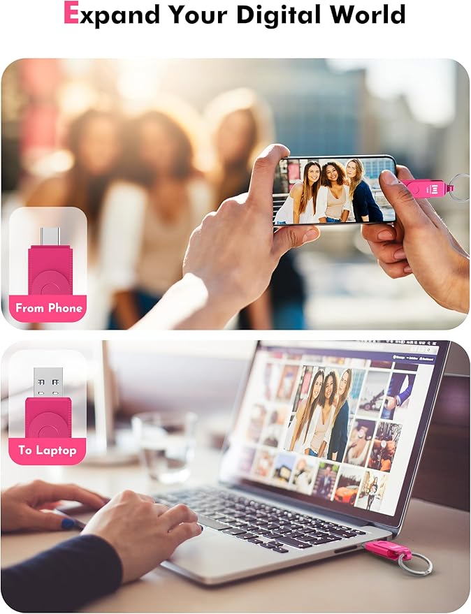 MOSDART 128GB USB3.1 Fast Speed C and A Dual Flash Drive, exFAT Memory Stick with Keychain and LED Indicator, for iPhone 15 and 16, Android Phone, iPad, MacBook, and Other Laptops, Hot Pink