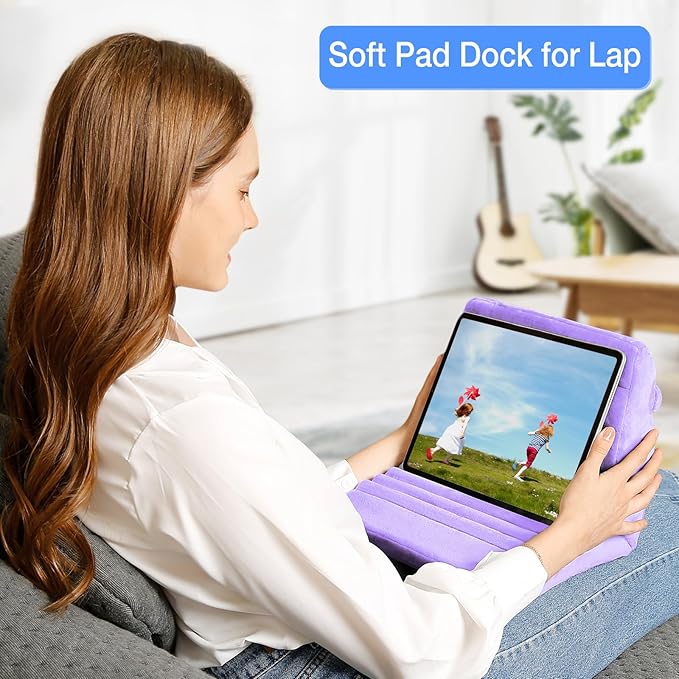MOSISO Tablet Pillow Stand,Soft Tablet Holder for Lap,Tablet Soft Pad Dock with Pockets&Stylus Slot&4 Viewing Angles Compatible with iPad Pro 12.9,11,10.5,9.7,Air Mini 6,5,4,3, E-Reader, Purple