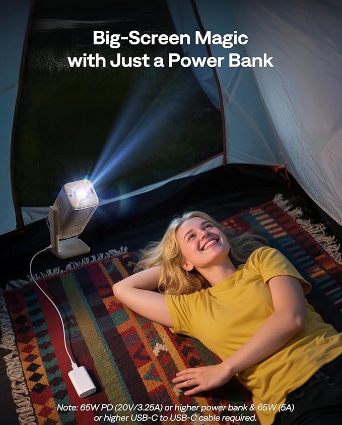 Aurzen BOOM Air Portable Google TV Projector with WiFi and Bluetooth, Smart Projector for Outdoor & Home Movie, USB-C Powered, 4K Supported, Real-Time Focus, Dolby Audio, Adjustable Stand, Off-White