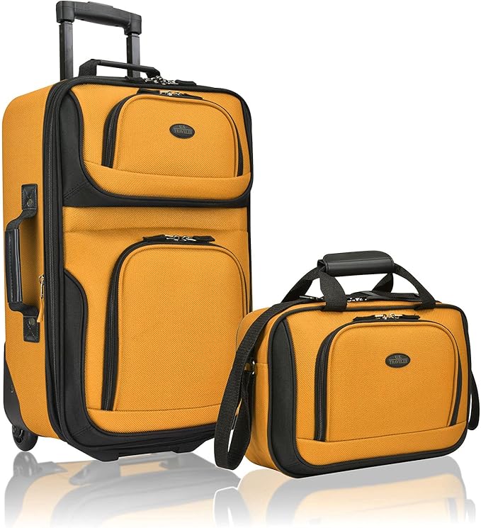U.S. Traveler Rio Fabric Expandable Carry-on Luggage, Rolling Suitcase, Orange, 2 Wheel Set
