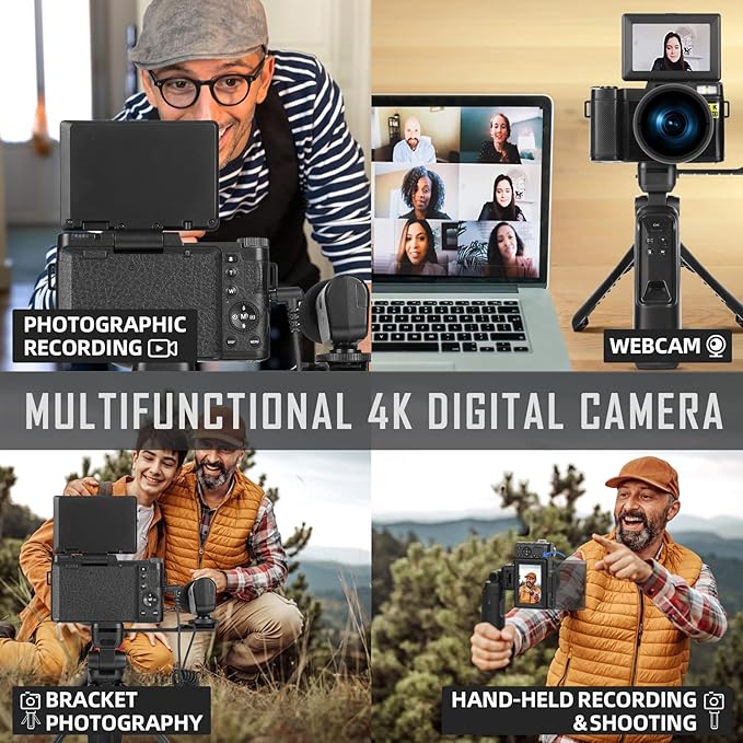 4k Digital Cameras for Photography, 48MP Video/Vlogging Camera for YouTube, Vlogger Kit, Content Creator Kit-Microphone & Remote Control Tripod Grip, Travel Camera with Wide-Angle & Macro len